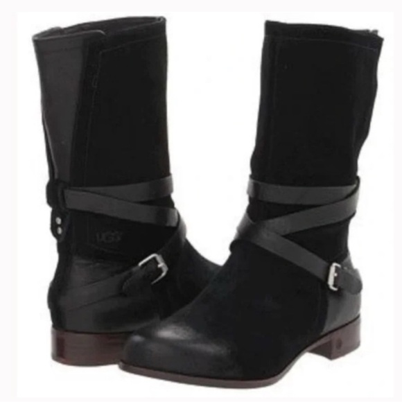 UGG Shoes - UGG Deanna Black Suede Leather Boots 8.5 Side Zip Mid Calf Belted Buckle 1001791